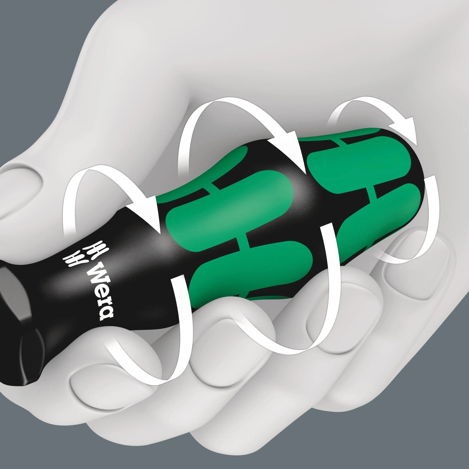 Detailaufnahme eines Wera Kraftform Schraubendrehers mit ergonomischem Griff in einer Hand.