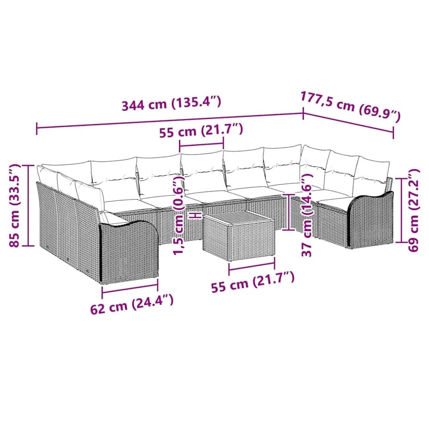 Graues 11-teiliges vidaXL Garten-Sofa-Set aus Rattan mit Tisch und Maßen.