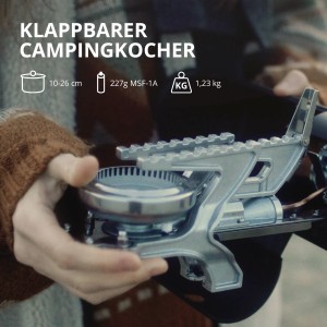 Evocamp Gaskocher BRS-99, klappbar mit Tragetasche und Gaskartuschen. Ideal für Camping.