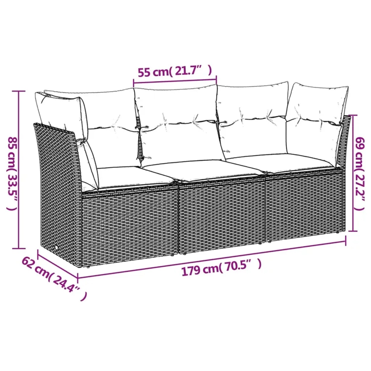 Hellgraue 3-tlg. vidaXL Garten-Sofagarnitur aus Polyrattan mit Kissen, Maße eingezeichnet.
