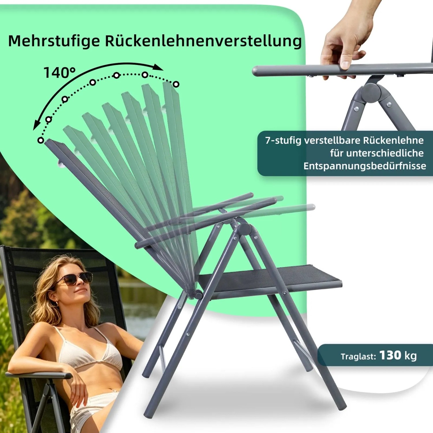 Grauer klappbarer Gartenstuhl Hochlehner mit 7-fach verstellbarer Rückenlehne aus schwarzem Teslin. Stahlgestell, 130kg.