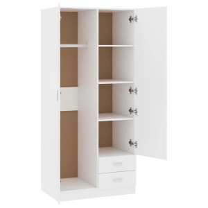Weißer vidaXL Kleiderschrank (80x52x180 cm) aus Holzwerkstoff mit offenen Türen, Schubladen und Regalfächern.