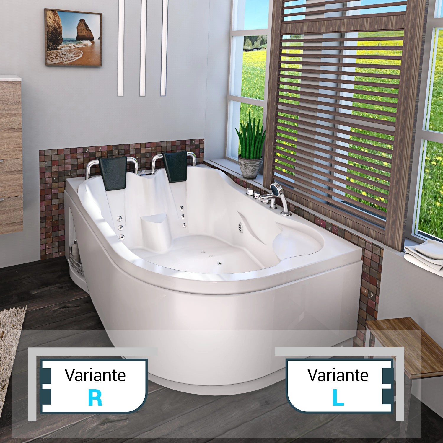 AcquaVapore Eck-Whirlpool W23H-R (120x182) mit Topausstattung, verchromten Armaturen und Nackenkissen.