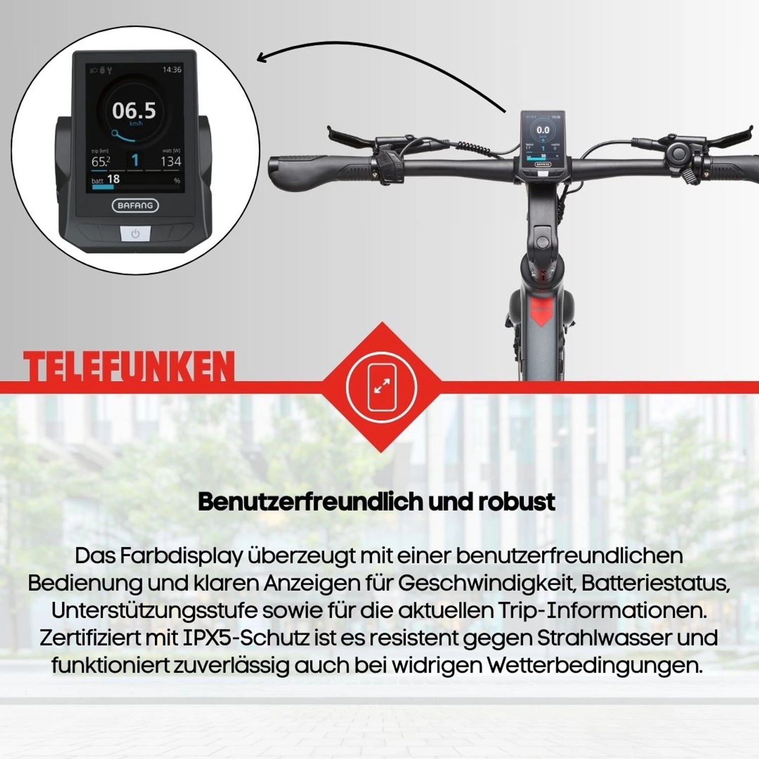 Display des Telefunken E-Bikes UH220 Urban. Zeigt Geschwindigkeit, Akku und Unterstützungsstufe an.