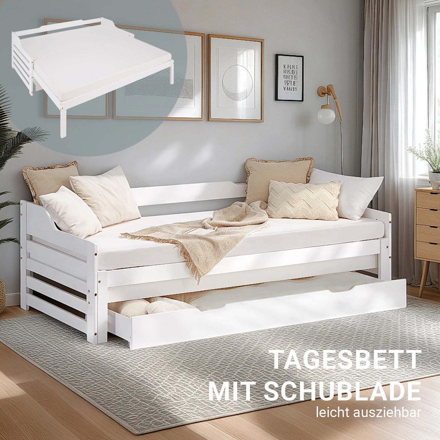 Weißes Homestyle4u Tagesbett mit Schublade und Lattenrost, 90x200 cm.