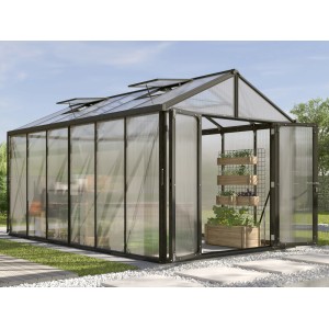 Vitavia Gewächshaus Zeus Comfort 11900, schwarz, 11,9 m² mit Doppeltür und Regalen.