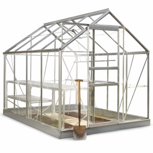 Halls Gewächshaus Popular 86 Alu, 5 m² mit Fundamentrahmen und Spaten. Ideal für Garten und Pflanzenzucht.