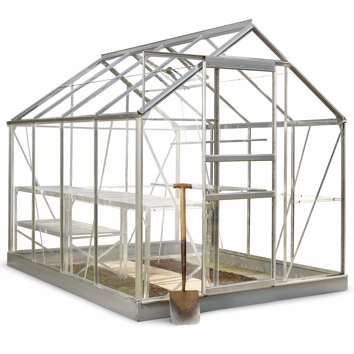Halls Gewächshaus Popular 86 Alu, 5 m² mit Fundamentrahmen und Spaten. Ideal für Garten und Pflanzenzucht.
