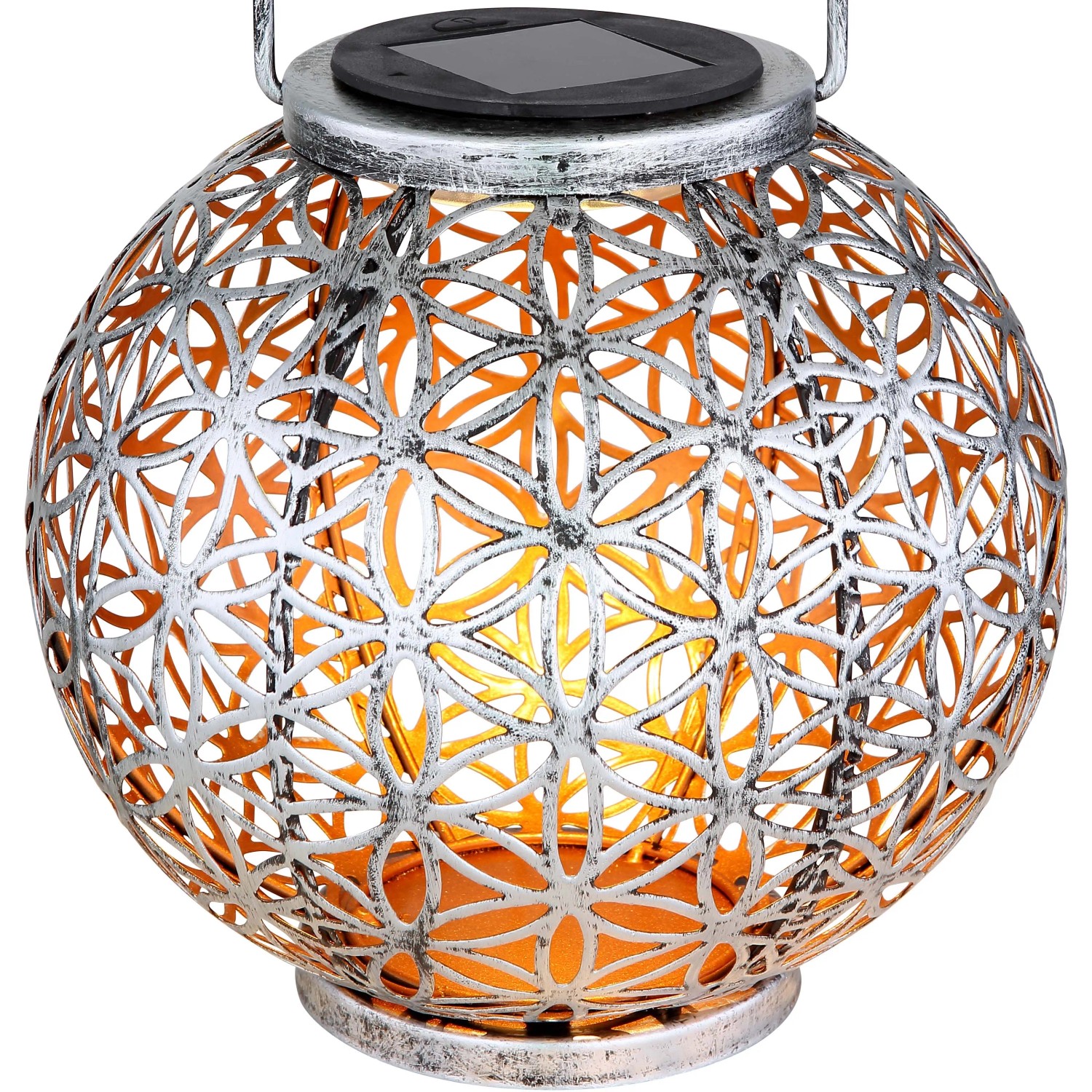 Silberne Globo LED Solar-Kugelleuchte mit Lebensblume, zum Hängen oder Stellen.