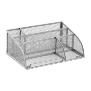 Silberner Schreibtischorganizer aus Metallgeflecht mit 5 Ablagen für Bürobedarf. Hält den Schreibtisch ordentlich.