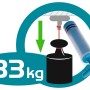 Vacuum-Loc System: Illustration der Haltekraft von 33 kg mit Pumpe und Gewicht.