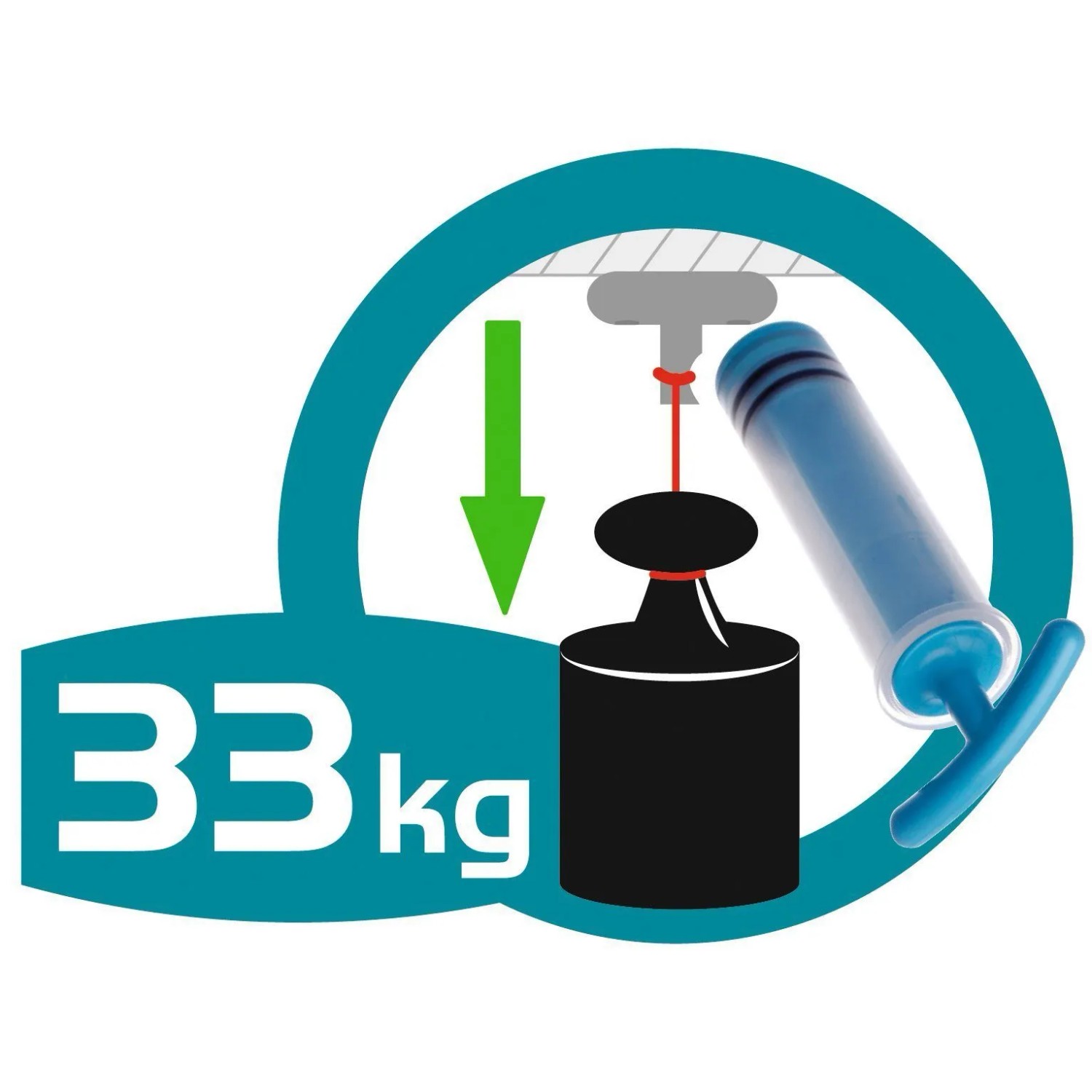 Vacuum-Loc System: Illustration der Haltekraft von 33 kg mit Pumpe und Gewicht.