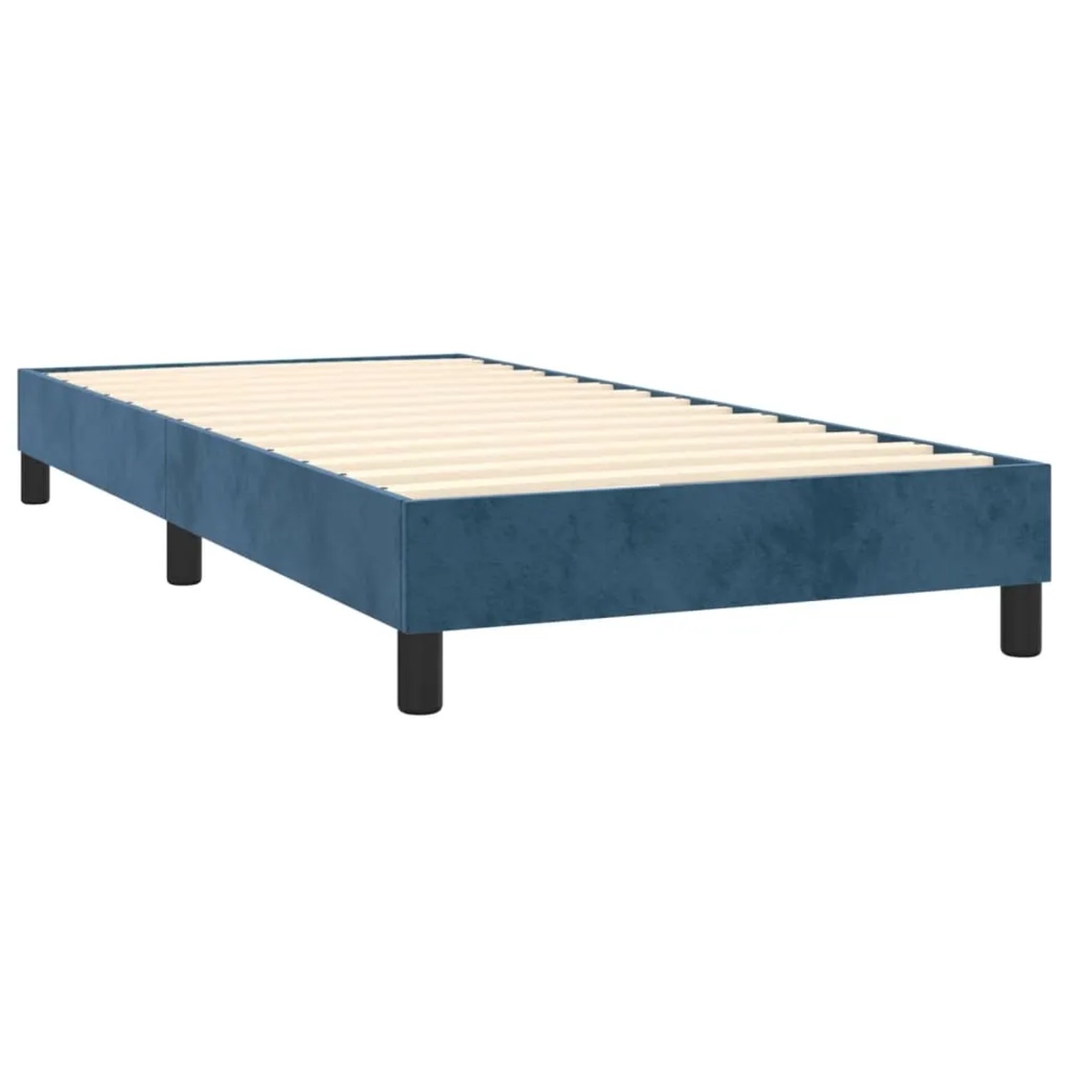 Boxspringbett dunkelblau, 90x200 cm, Samtbezug. Bettrahmen mit Lattenrost und schwarzen Füßen.