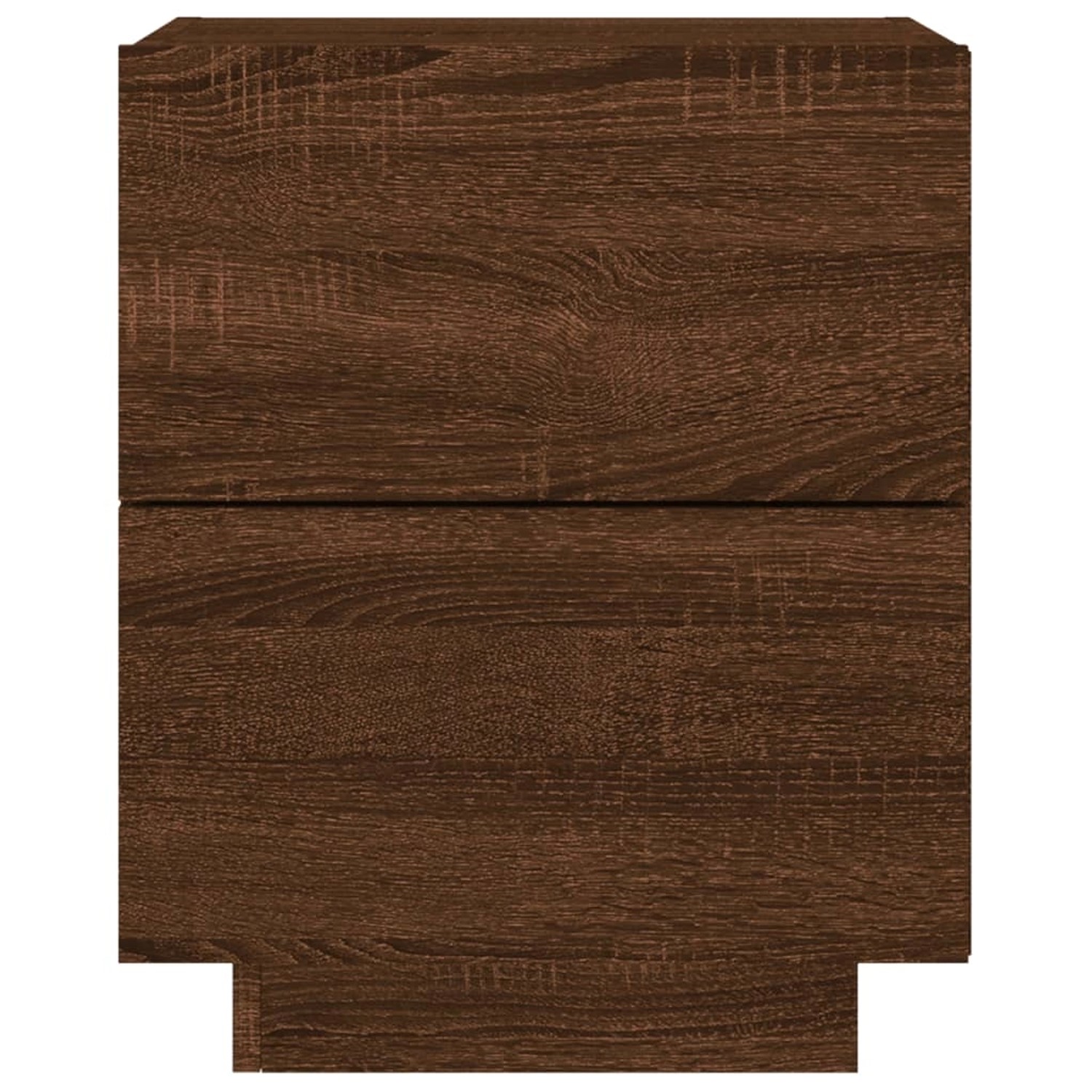 Zwei braune Nachttische in Eichenoptik mit je zwei Schubladen. Holzstruktur ist sichtbar.