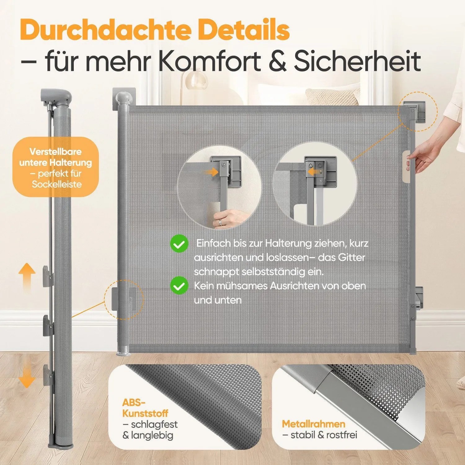 Graues Sekey Treppenschutzgitter, ausziehbar, mit Netzgewebe & Metallrahmen. Zeigt verstellbare Halterung & einfache Bedienung für Kinder & Hunde.