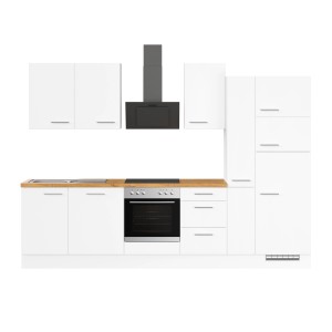 Moderne, weiße Impuls Küchenzeile (310 cm) mit E-Geräten und Arbeitsplatte in Holzoptik.