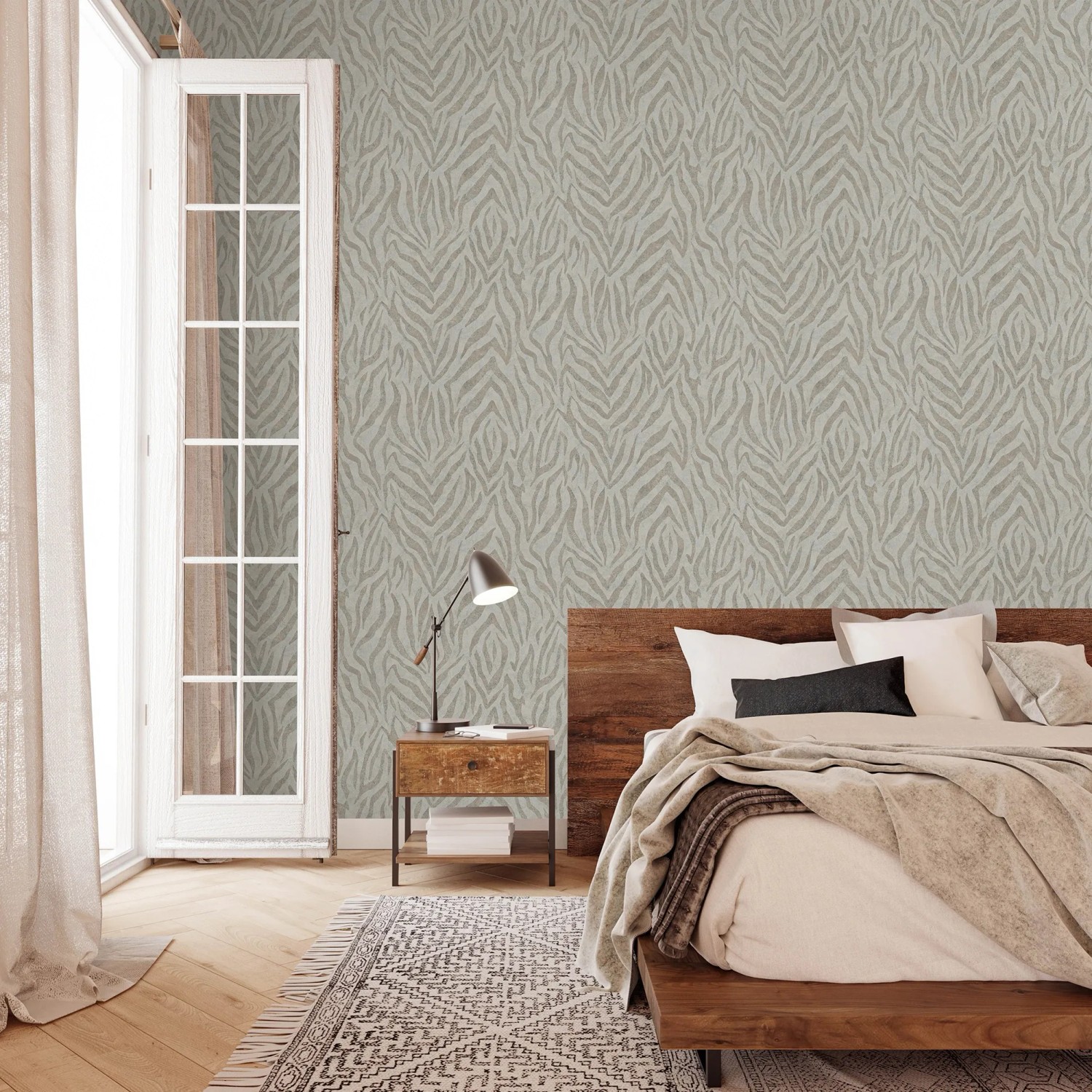 Beige Marburg Vliestapete GZSZ mit Zebra-Streifen im Schlafzimmer.