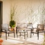 4-teiliges Gartenmöbel-Set Tapena: 2 Sessel, 2-Sitzer und Tisch mit Glasplatte in Schwarz und Taupe.