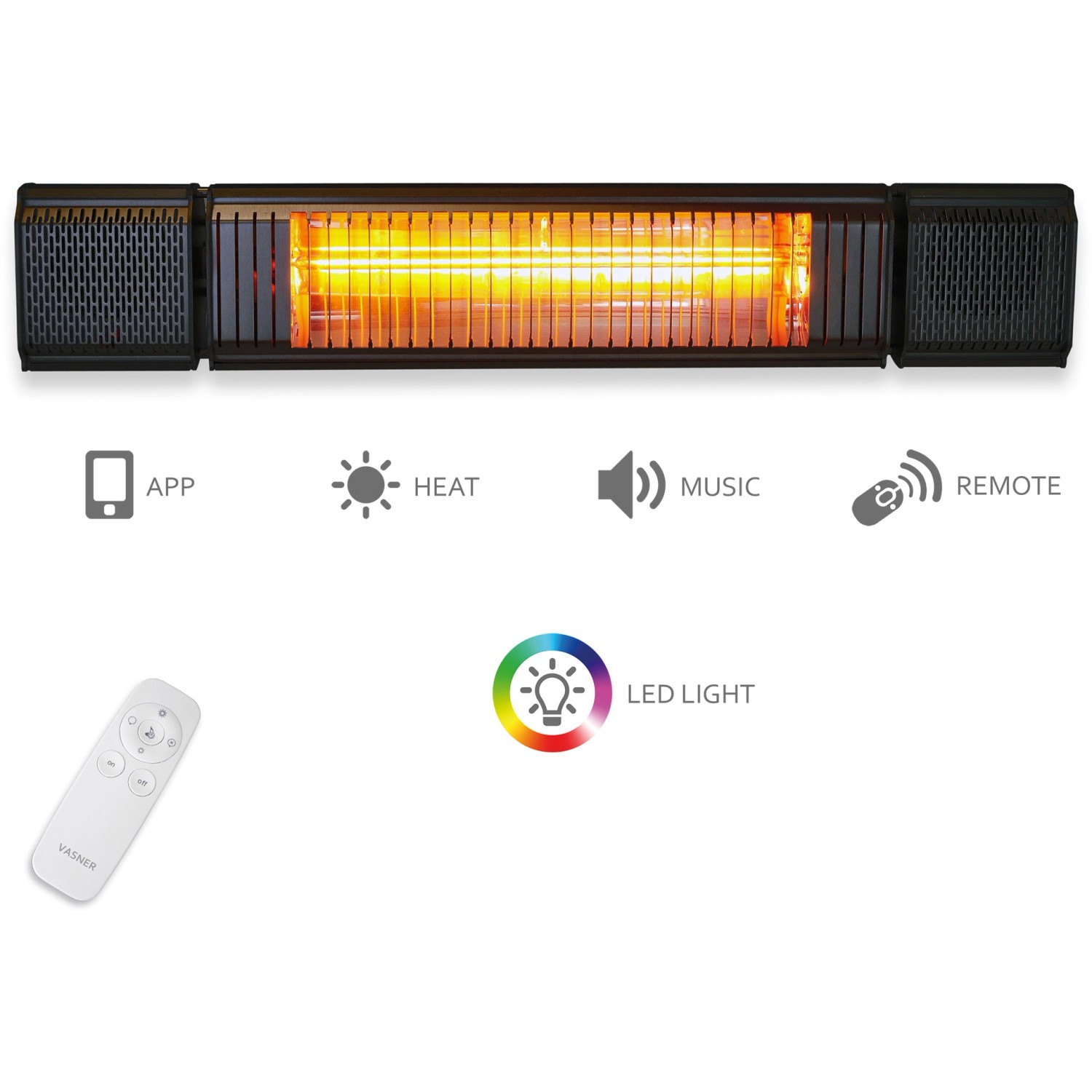 VASNER Appino BEATZZ Infrarot-Heizstrahler 2000W mit Bluetooth Musik-Box, schwarz. Inkl. Fernbedienung.