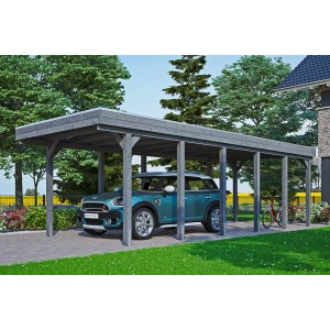 Schiefergrauer Carport Friesland mit Aluminiumdach und Auto. Einzelcarport mit flachem Dach.