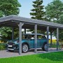 Schiefergrauer Carport Friesland mit Aluminiumdach und Auto. Einzelcarport mit flachem Dach.