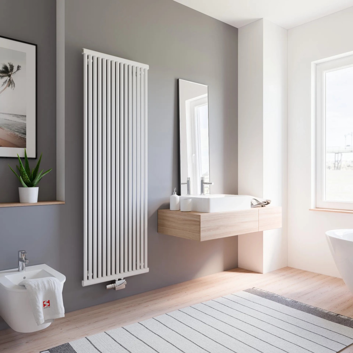 Schulte Design-Heizkörper Kiel, 180x60cm, Pearl-Weiß, mit Mittenanschluss im modernen Badezimmer.