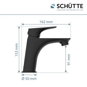 Schütte Waschtischarmatur Boston, schwarz matt, mit Maßangaben.