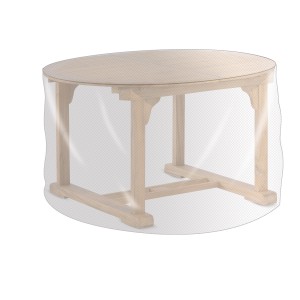 Transparente Schutzhülle (75x125 cm) für runden Gartentisch, schützt vor Wind und Wetter.