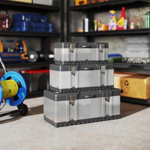 HOMCOM Werkzeugkoffer 3er Set, leere Werkzeugkästen in verschiedenen Größen gestapelt.