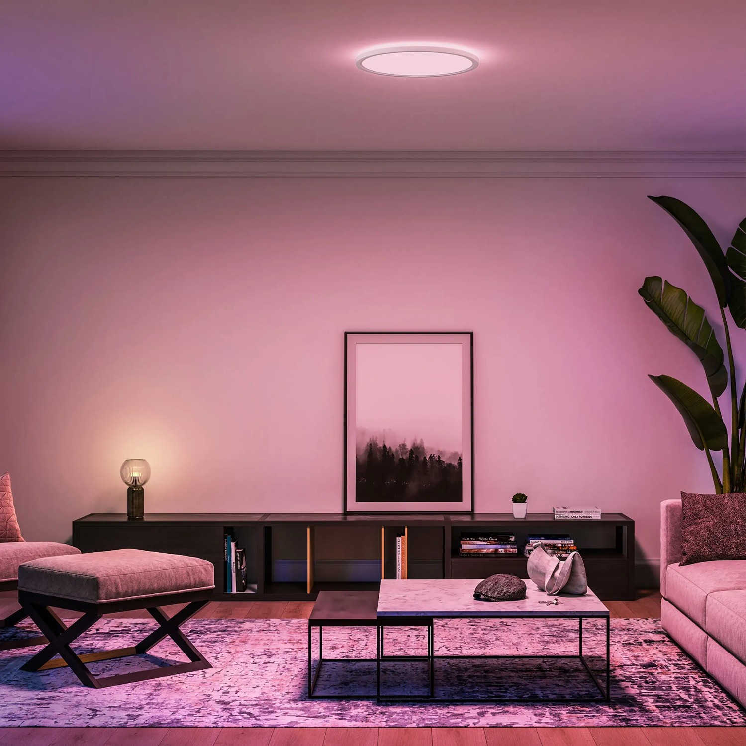 Philips Hue LED-Panel Tento in Weiß, runde Deckenleuchte mit Farbwechsel im Wohnzimmer.
