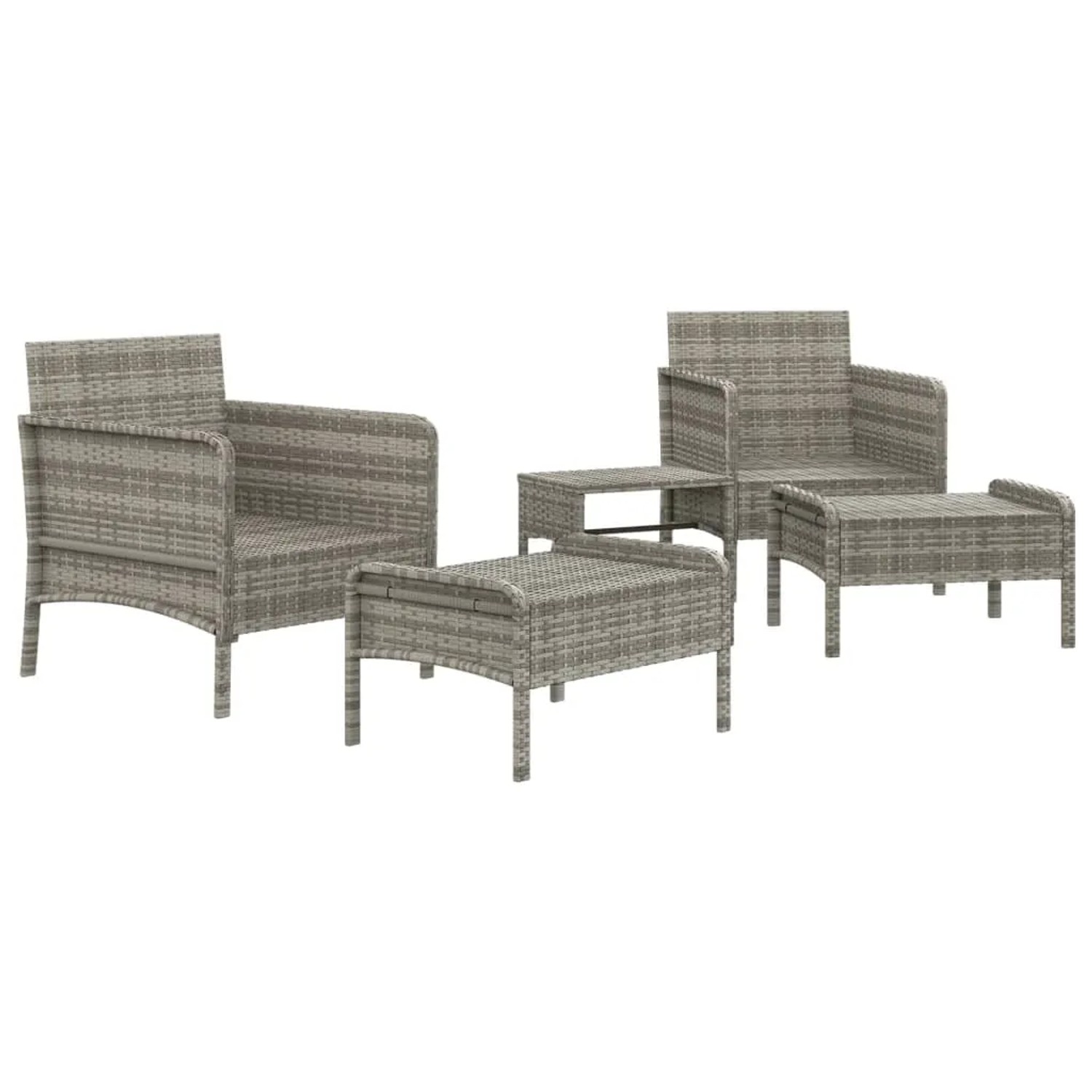 Graues 5-tlg. vidaXL Garten-Lounge-Set aus Rattan mit Stühlen, Hockern und Tisch.