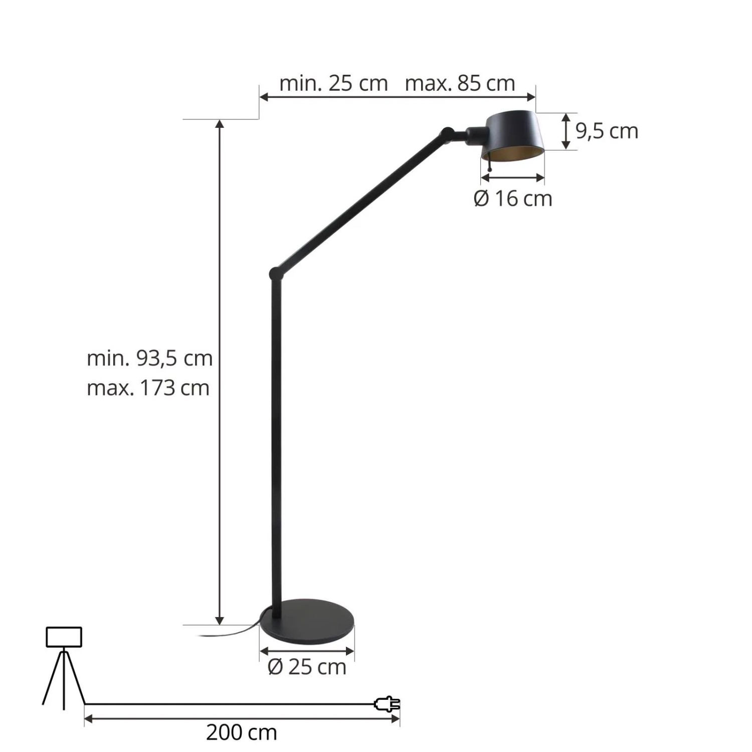Schwarze Lucande Stehlampe Silka aus Metall, Design-Leuchte für Arbeitszimmer mit goldenem Lampenschirm.