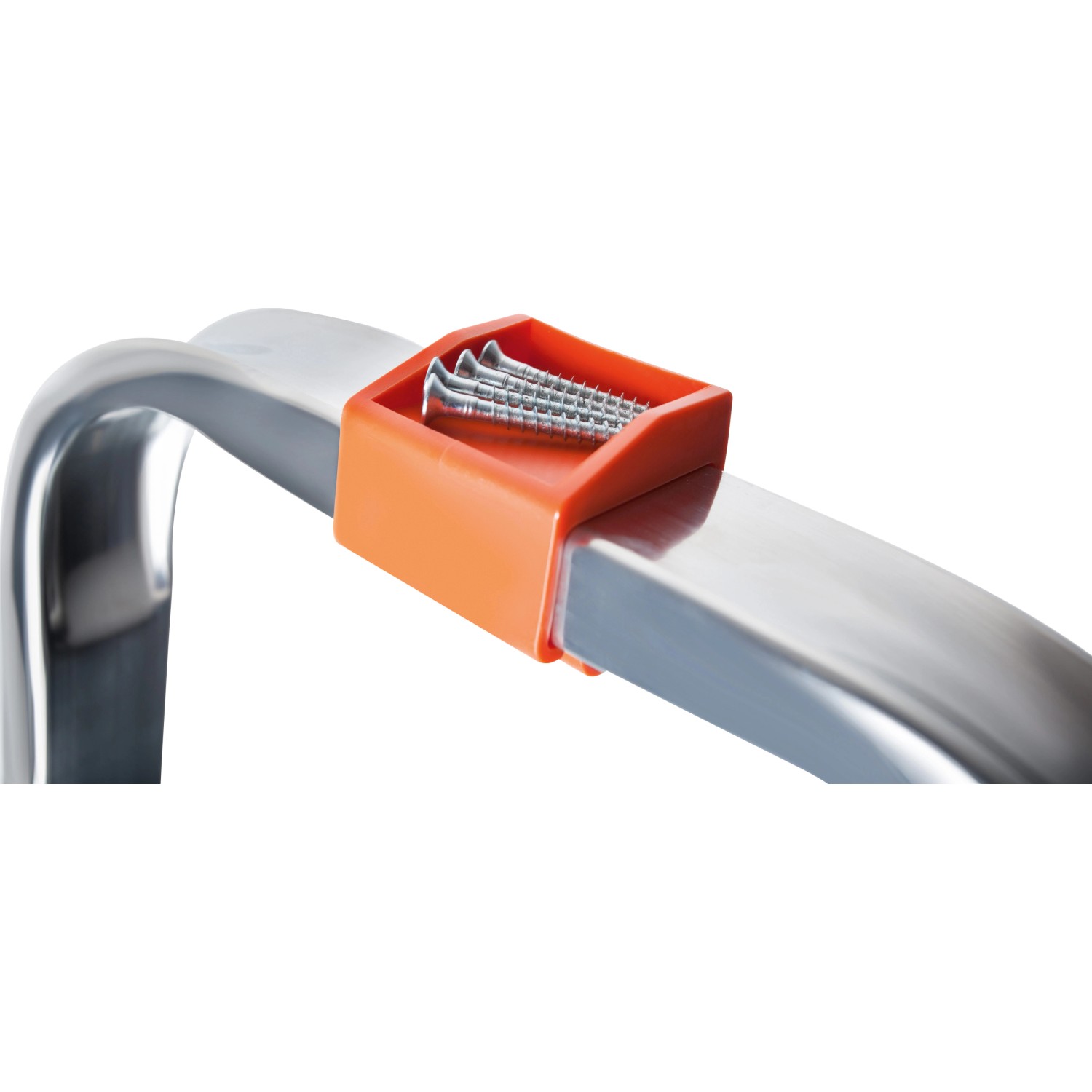 Detailaufnahme: Haushaltsleiter Aluminium mit Ablageschale und Schrauben.