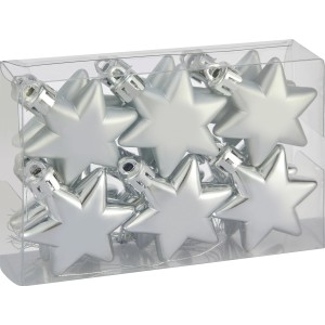Baumschmuck-Set: 12 silberne Sterne (5 cm) aus Kunststoff, matte Oberfläche.
