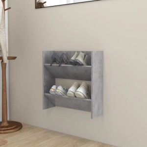 Moderner Wand-Schuhschrank in Betongrau aus Holzwerkstoff mit 2 Kippböden, gefüllt mit Schuhen. Platzsparende Schuhkommode.