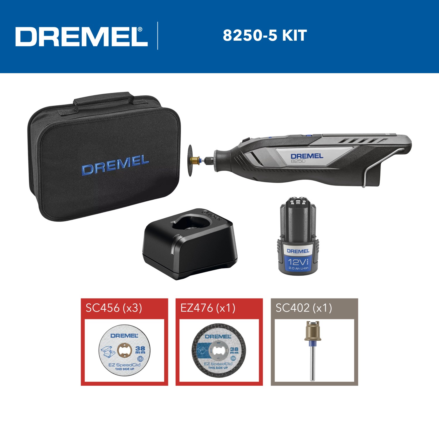 Dremel 8250-5 Akku-Multitool Set mit Tasche, Akku, Ladegerät und Zubehör.