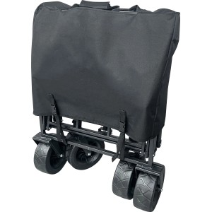 Zusammengefalteter, schwarzer Bollerwagen mit Abdeckung. Camping & Freizeit.
