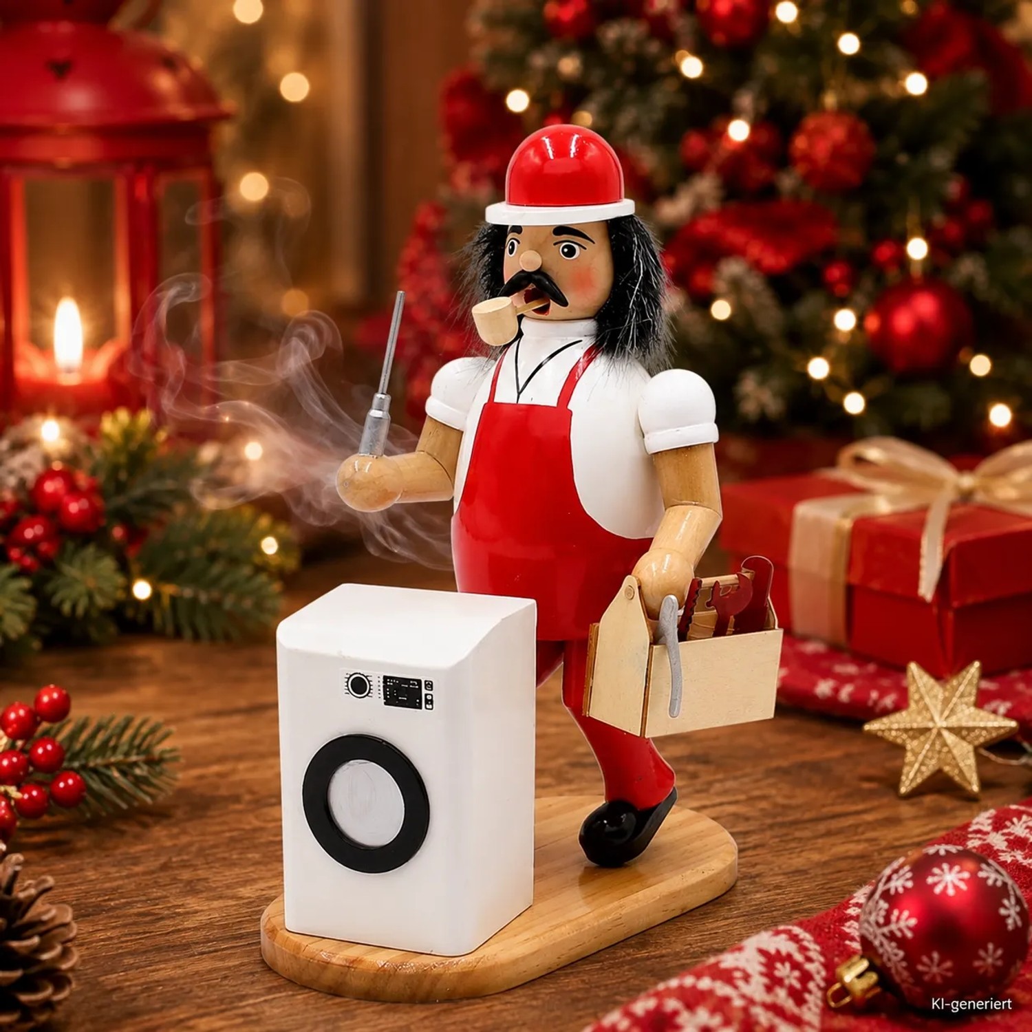 Dekohelden24 Räuchermann Waschmaschinenmonteur mit Waschmaschine Räucherfigur Weihnachtsräucherfigur Räuchergefäß Holz L/B/H 15 x 11 x 20 cm_3