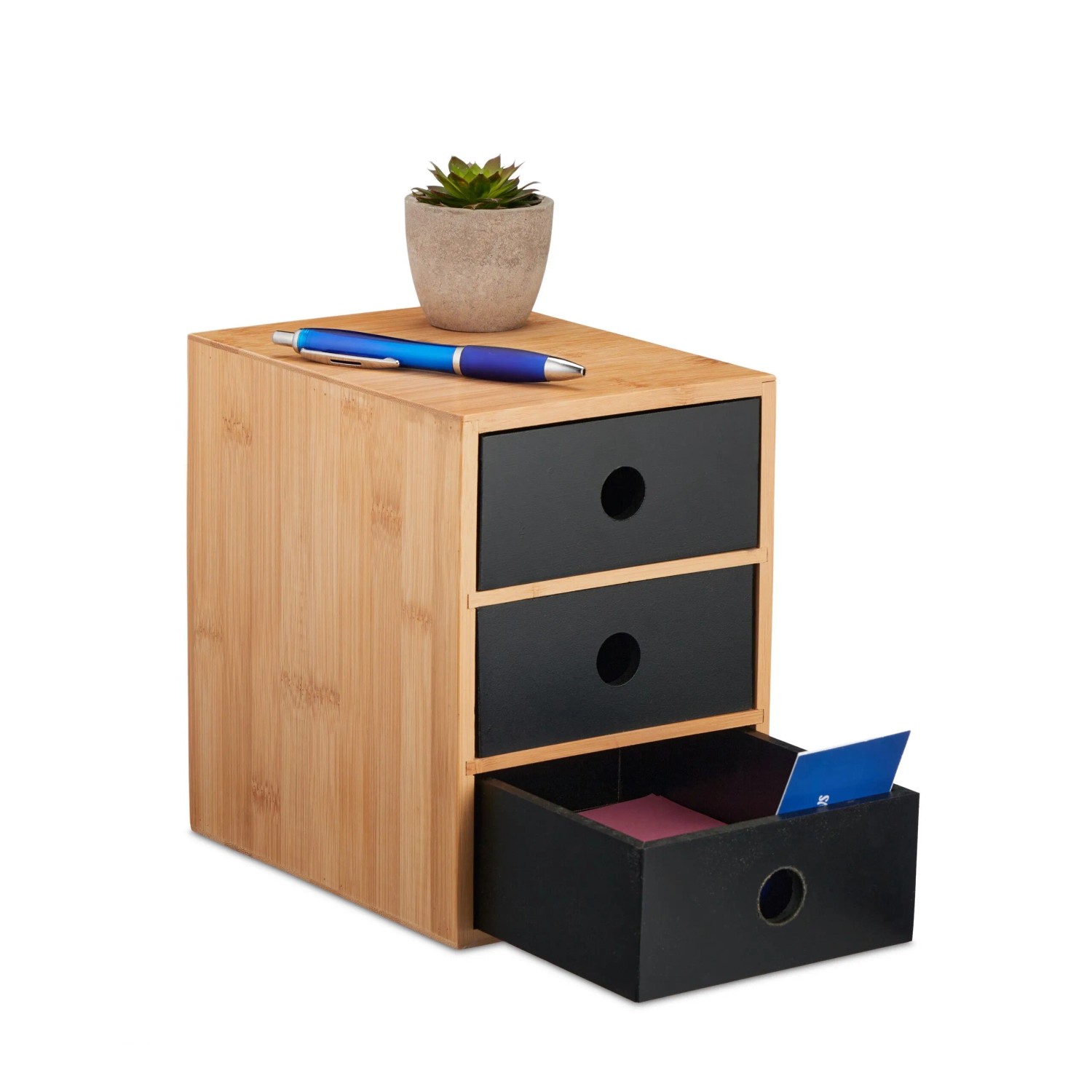 Relaxdays Schreibtisch Organizer Bambus Natur Schwarz mit 3 Schubladen 21 cm x 15 cm x 20 cm