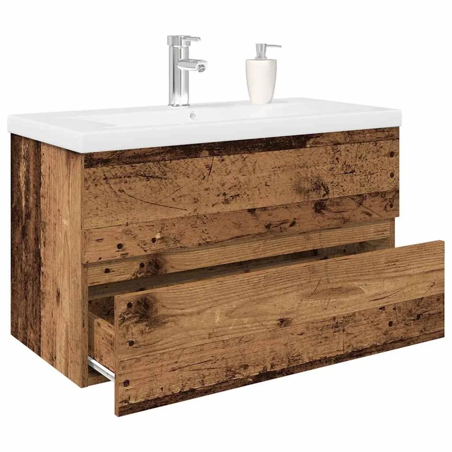 vidaXL Waschbeckenunterschrank mit Einbaubecken und Wasserhahn im Altholz-Design.