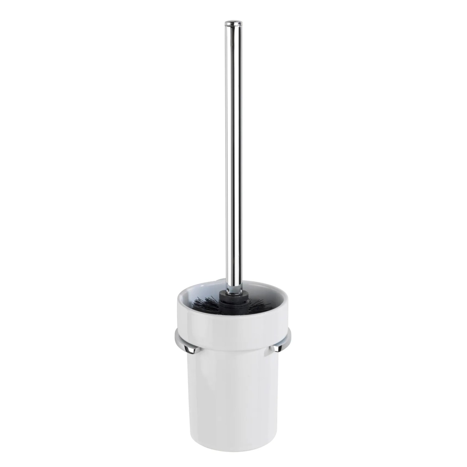 Wenko WC-Garnitur Isera, silber glänzend. WC-Bürste mit weißem Behälter und silbernem Griff.