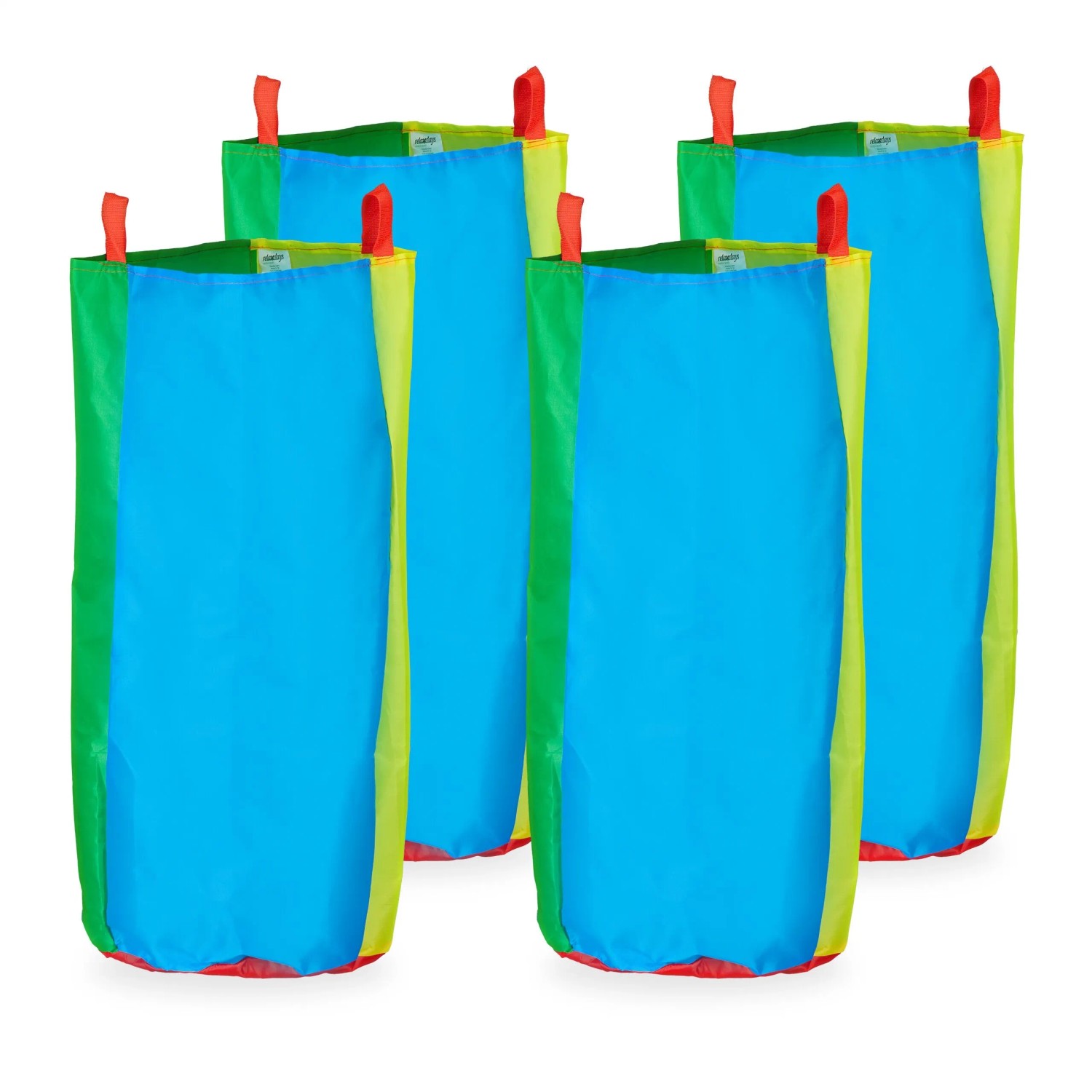 Relaxdays Hüpfsäcke, 4er Set, bunt. Polyester Säcke mit Griffen für Kinder zum Sackhüpfen.