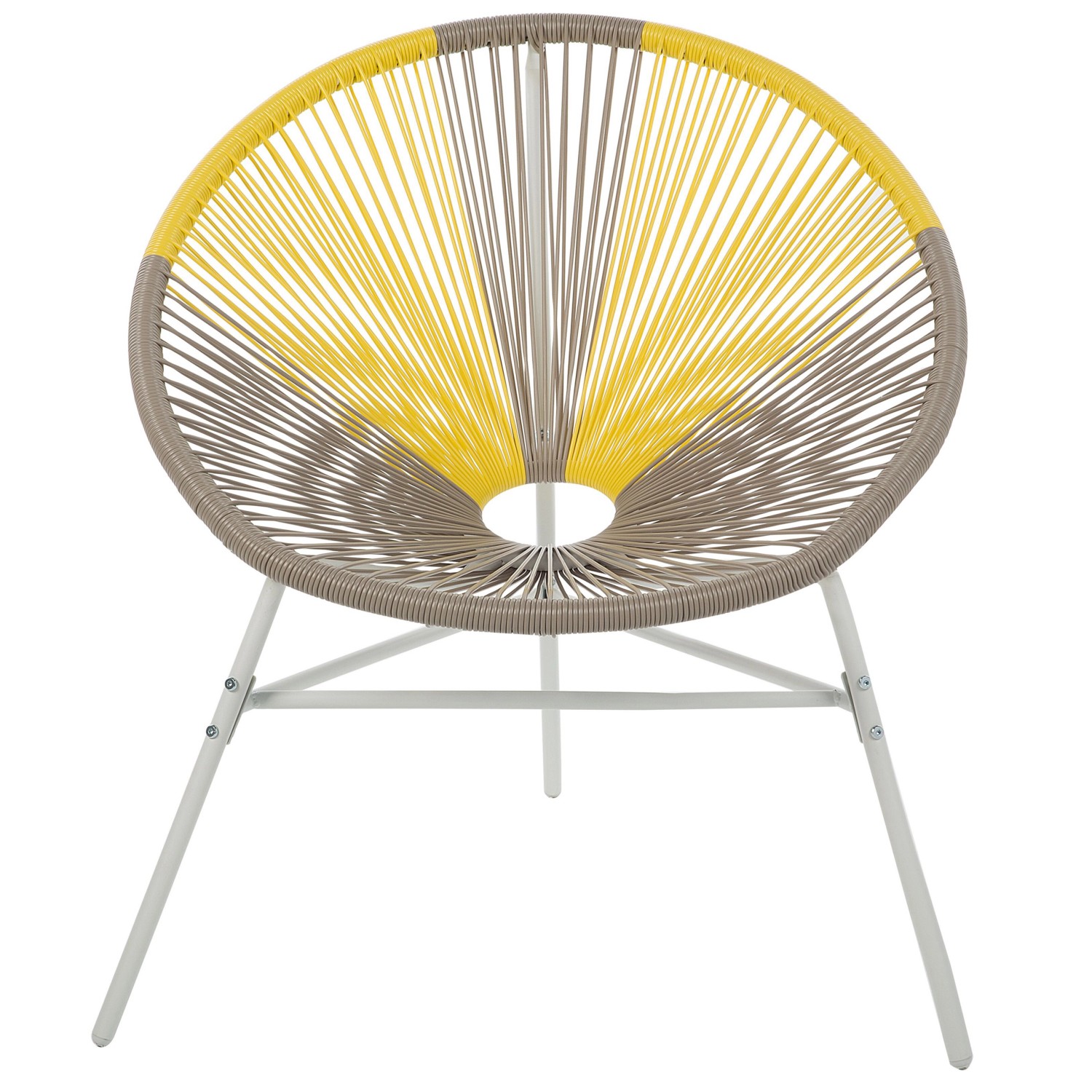 Bunter Cocktailsessel (Gelb, Beige, Weiss) 76x76x85 cm. Gartenstuhl mit Spaghetti-Design und weissem Stahlgestell.