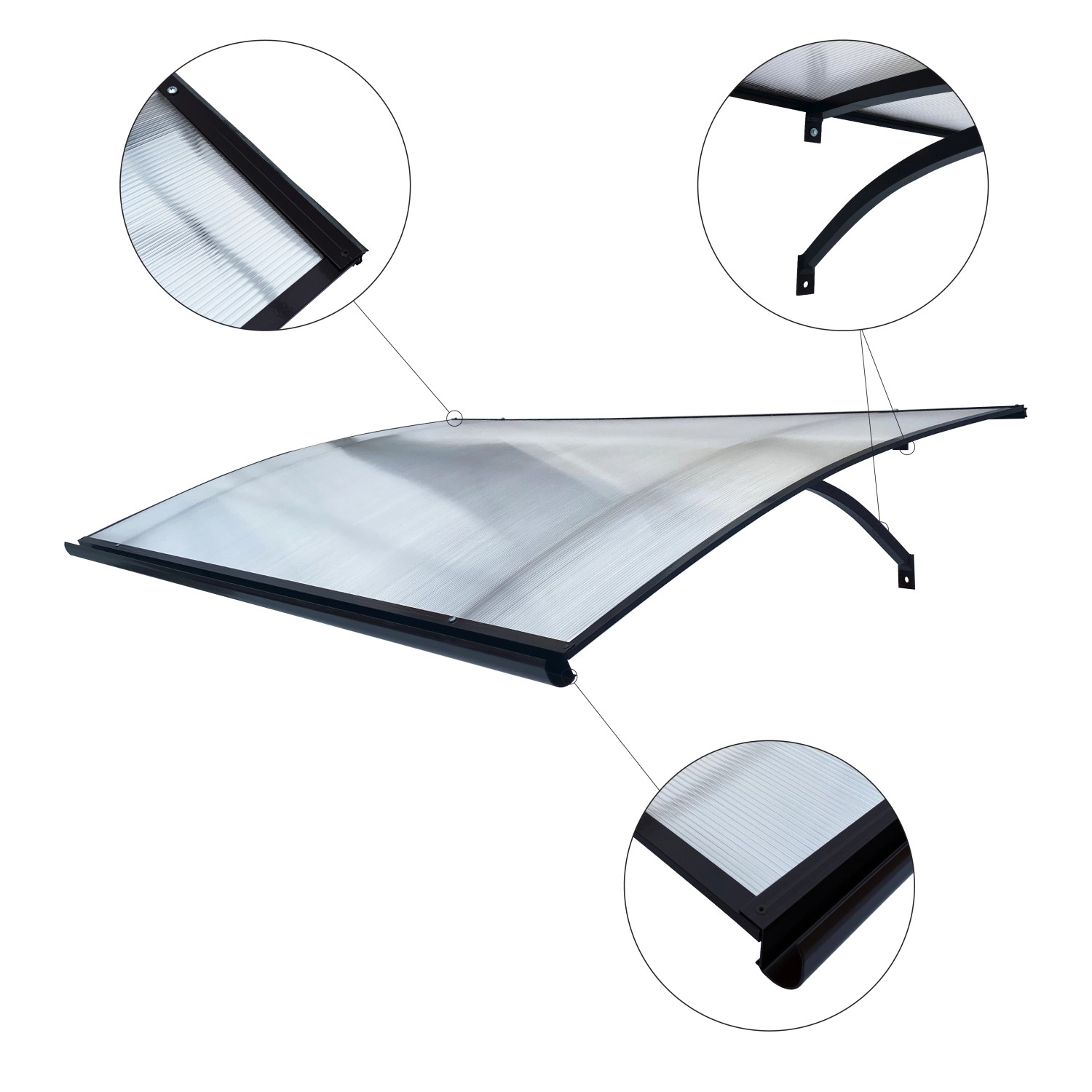 Gebogenes STARKEDACH Vordach mit Aluminiumrahmen in Anthrazit (RAL 7016) und Polycarbonatbeschichtung.