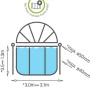 Skizze: EXIT Pool Sonnensegel ø 300 cm, Poolüberdachung mit Maßen und Befestigungsdetails.