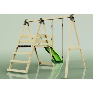 Helle Holz-Kinderschaukel 'Orchidee' mit Rutsche, Teil eines Spielturms für den Garten.