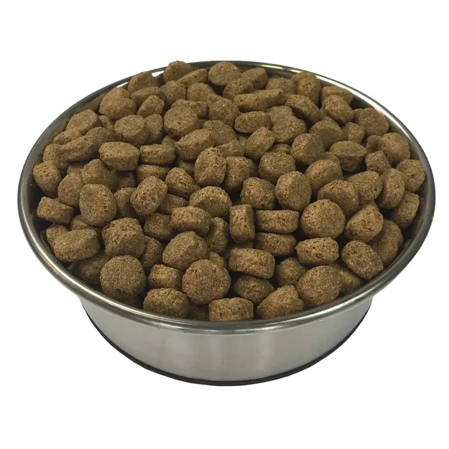Edelstahlnapf gefüllt mit braunem Trockenfutter für Hunde Adult Essence Beef.