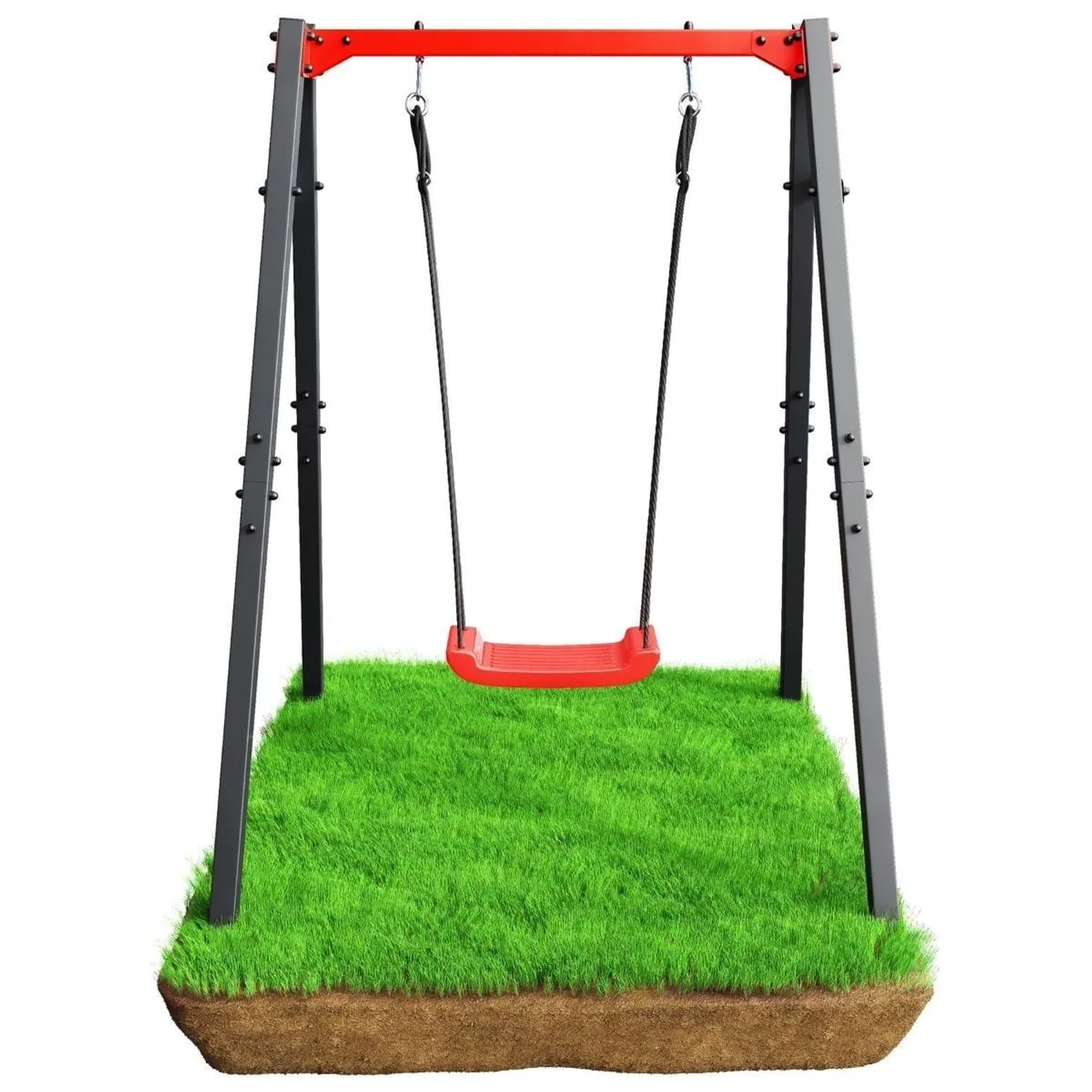 K-SPORT Gartenschaukel für Kinder: rotes Metallgestell, schwarze Beine, rote Brettschaukel auf grünem Rasen. Stabil.