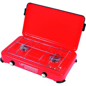 Rothenberger Duo-Campingkocher, rot, mit zwei Kochstellen und verchromten Topfauflagen.