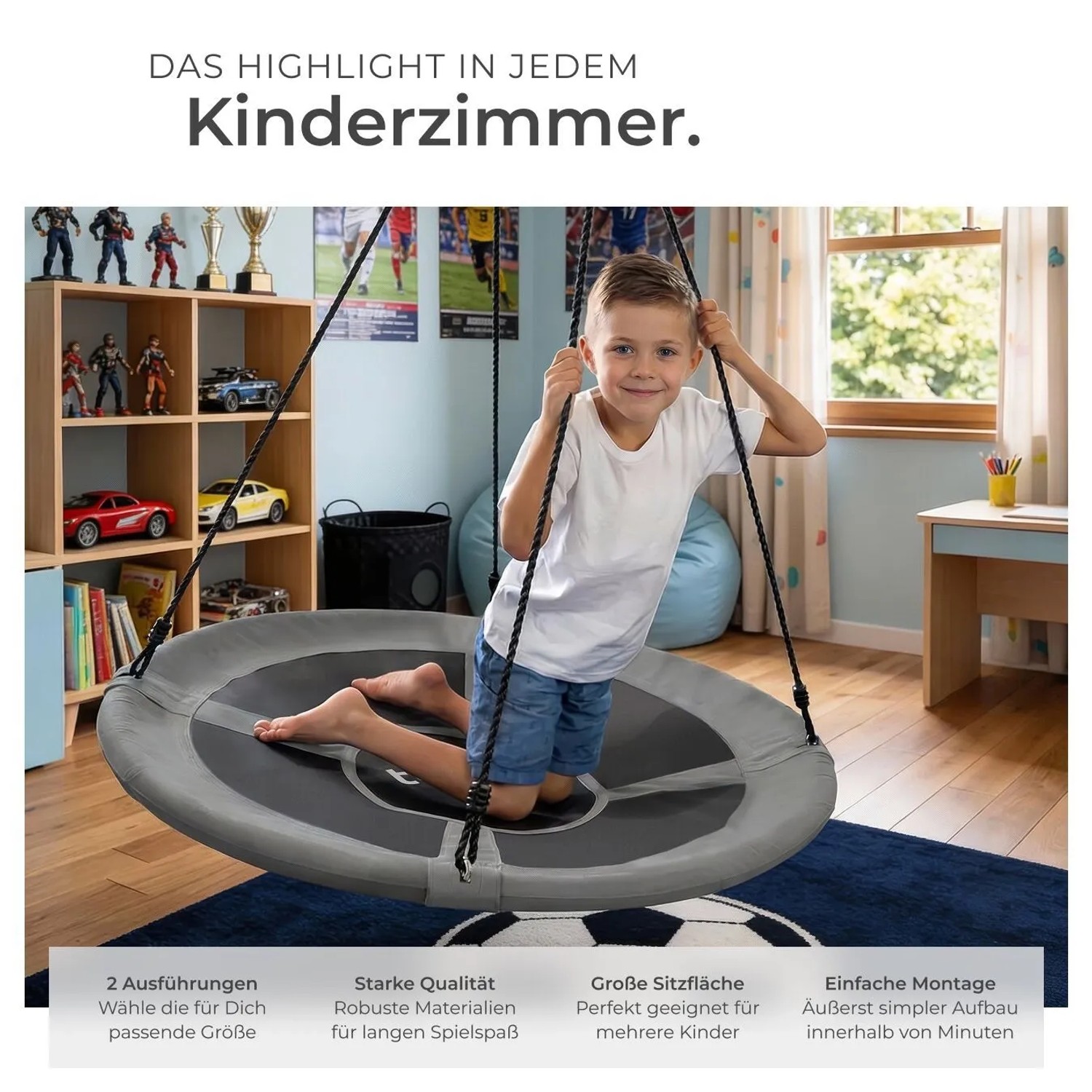 Grau-schwarze Tectake Nestschaukel Swayer mit Kind im Kinderzimmer, max. 120 kg belastbar.